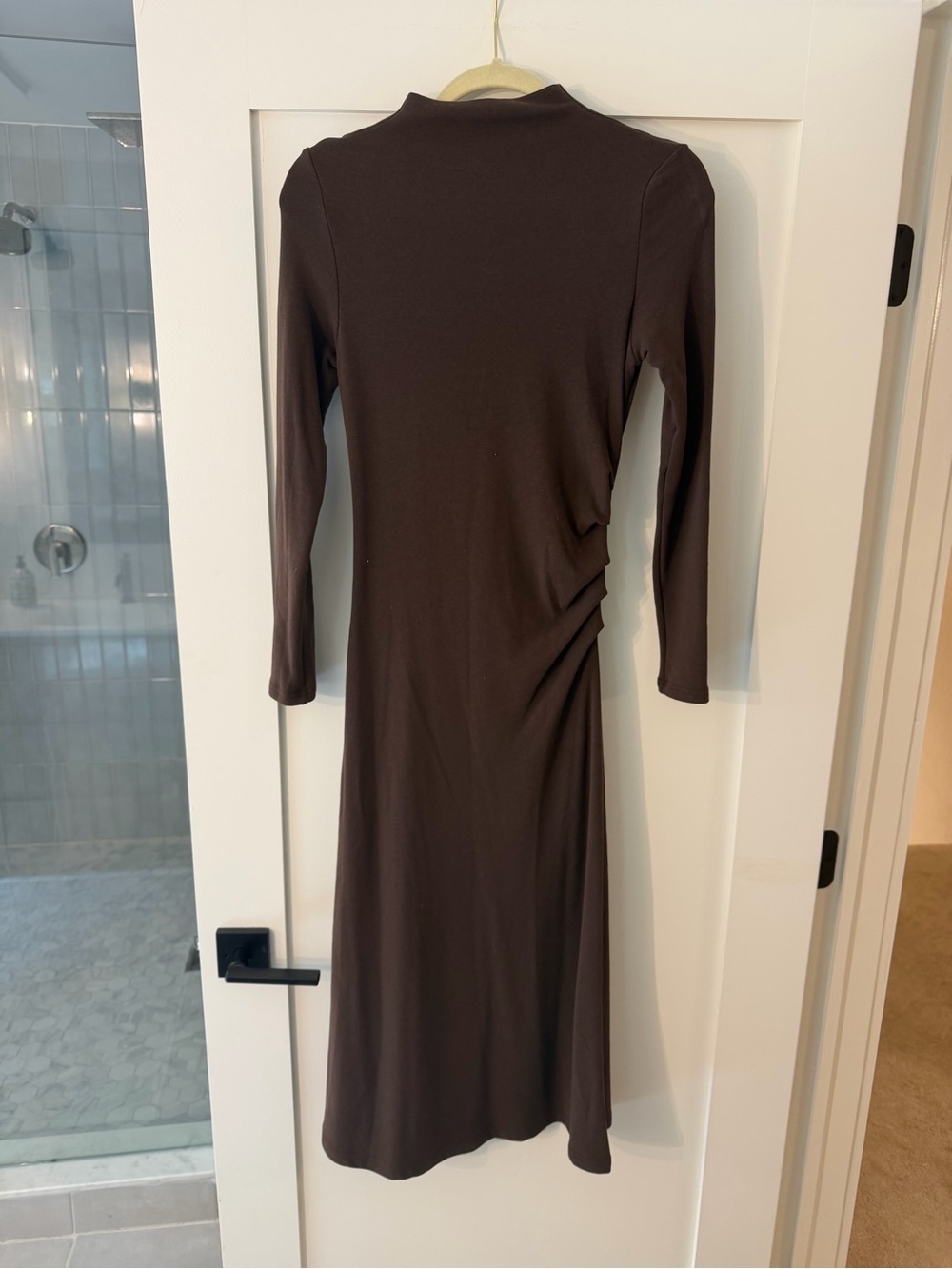 OGL Espresso Heat Tech Long Sleeve Mockneck Tucks Midi Dress